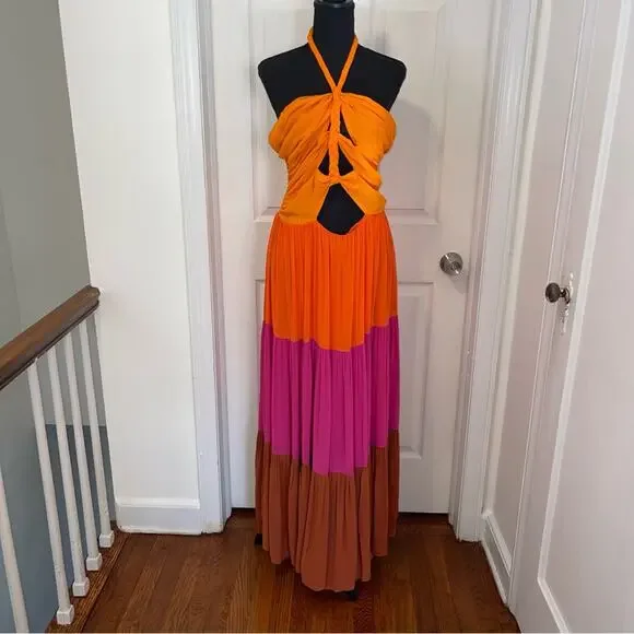 FARM RIO Warm Color Block Halter Maxi Dress Size L - Picture 7 of 13